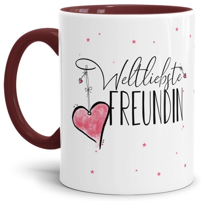 Diese Tasse aus hochwertiger Keramik - Weltliebste Freundin - Innen & Henkel Weinrot - ist ein tolles Geschenk zum Geburtstag und eine schöne...