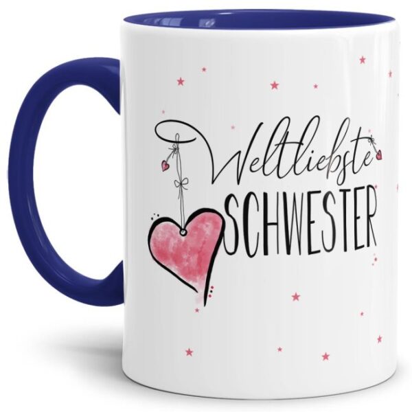 Diese Tasse aus hochwertiger Keramik - Weltliebste Schwester - Innen & Henkel Dunkelblau - ist ein tolles Geschenk zum Geburtstag und eine schöne...