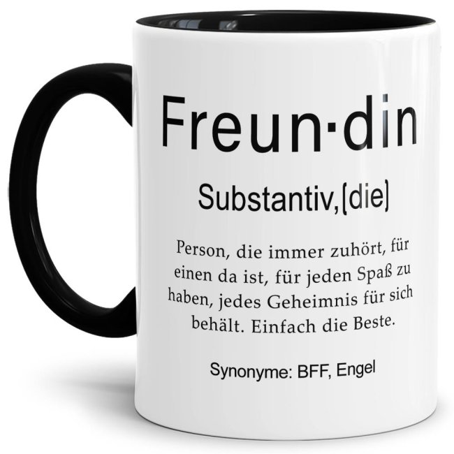 Unsere lustige bedruckte Tasse mit schwarzem Akzent - Dudenwort - Freundin - umschreibt diese Person etwas anders als der Duden - liebevoller