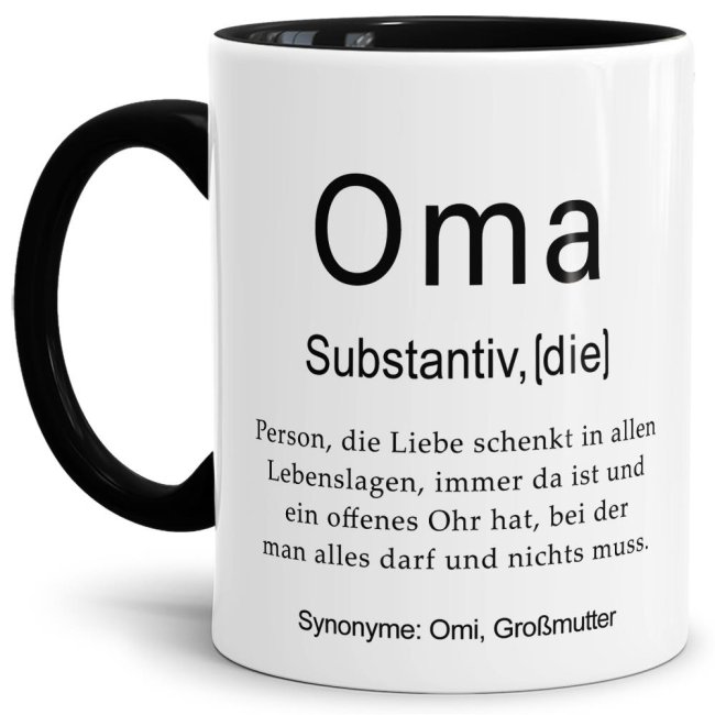 Unsere lustige bedruckte Tasse mit schwarzem Akzent - Dudenwort - Oma - umschreibt diese Person etwas anders als der Duden - liebevoller