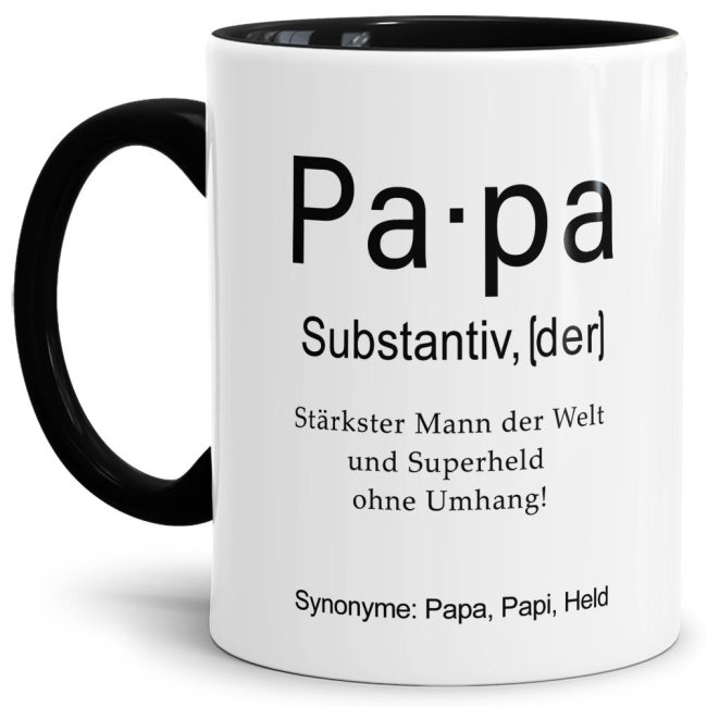 Unsere lustige bedruckte Tasse mit schwarzem Akzent - Dudenwort - Papa - umschreibt diese Person etwas anders als der Duden - liebevoller