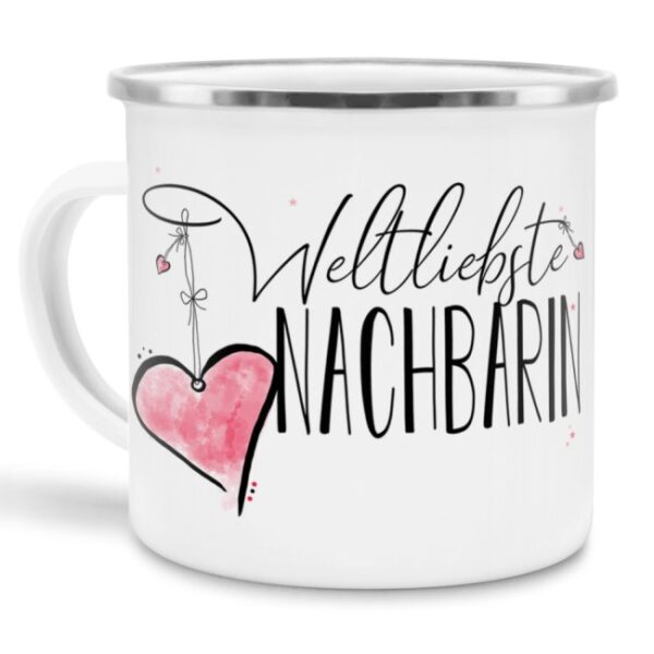 Diese Metalltasse aus Emaille - Weltliebste Nachbarin - klein - ist ein tolles Geschenk zum Geburtstag und eine schöne Geschenkidee zum Danke...