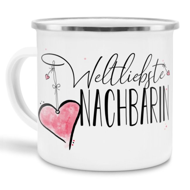 Diese Metalltasse aus Emaille - Weltliebste Nachbarin - klein - ist ein tolles Geschenk zum Geburtstag und eine schöne Geschenkidee zum Danke...