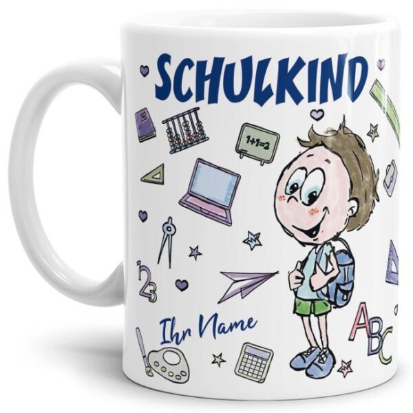 Tasse personalisierbar mit Name zur Einschulung für Jungen mit liebevoll gestaltetem Einschulungsmotiv. Eine tolle Geschenkidee zum Schulanfang für...