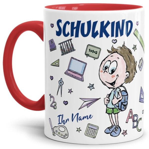 Tasse personalisierbar mit Name zur Einschulung für Jungen mit liebevoll gestaltetem Einschulungsmotiv. Eine tolle Geschenkidee zum Schulanfang für...