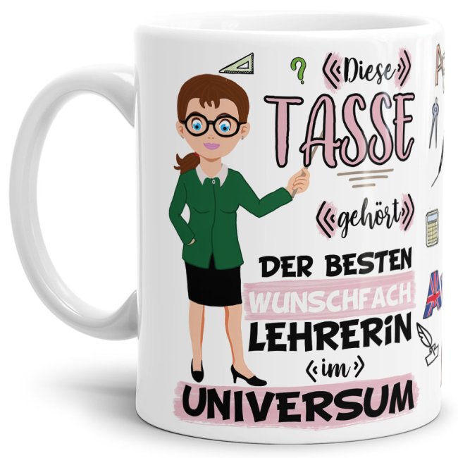 Tasse aus hochwertiger Keramik für die beste Lehrerin im Universum mit brünetten Haaren. Perfekt als kleines Geschenk zum Schulabschluss für die...