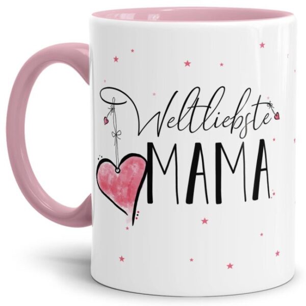 Diese Tasse aus hochwertiger Keramik mit Spruch - Weltliebste Mama - Innen & Henkel Rosa - ist ein tolles Geschenk zum Geburtstag