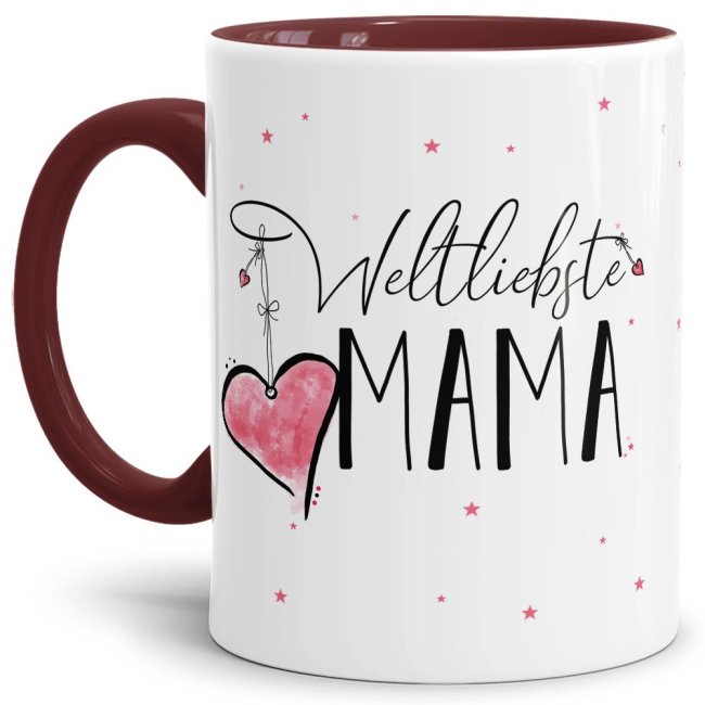 Diese Tasse aus hochwertiger Keramik mit Spruch - Weltliebste Mama - Innen & Henkel Weinrot - ist ein tolles Geschenk zum Geburtstag