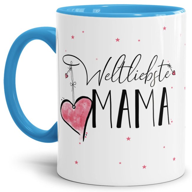 Diese Tasse aus hochwertiger Keramik mit Spruch - Weltliebste Mama - Innen & Henkel Hellblau - ist ein tolles Geschenk zum Geburtstag