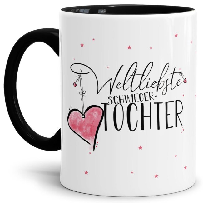 Diese Tasse aus hochwertiger Keramik mit Spruch - Weltliebste Schwiegertochter - Innen & Henkel Schwarz - ist ein tolles Geschenk zum Geburtstag...