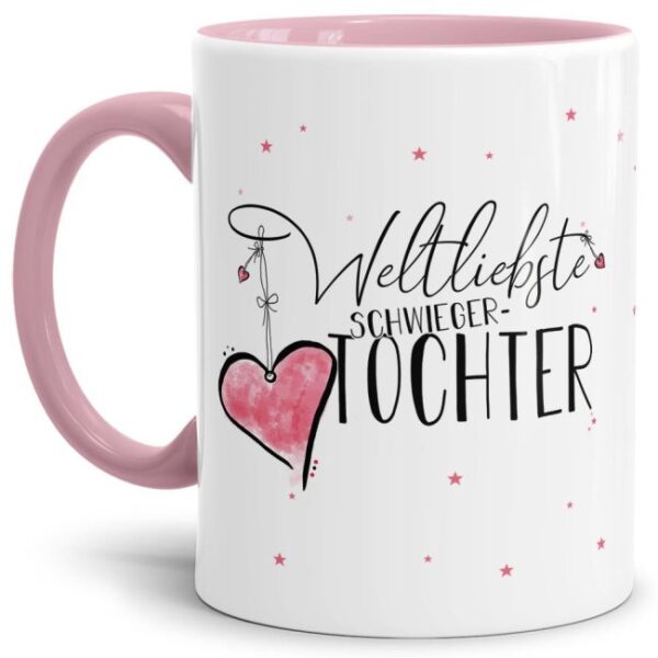 Diese Tasse aus hochwertiger Keramik mit Spruch - Weltliebste Schwiegertochter - Innen & Henkel Rosa - ist ein tolles Geschenk zum Geburtstag und...