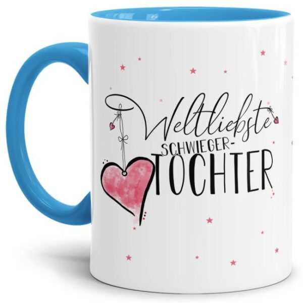 Diese Tasse aus hochwertiger Keramik mit Spruch - Weltliebste Schwiegertochter - Innen & Henkel Hellblau - ist ein tolles Geschenk zum Geburtstag...