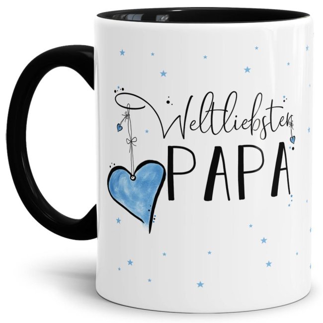 Diese Tasse aus hochwertiger Keramik mit Spruch - Weltliebster Papa - Innen & Henkel Schwarz - ist ein tolles Geschenk zum Geburtstag