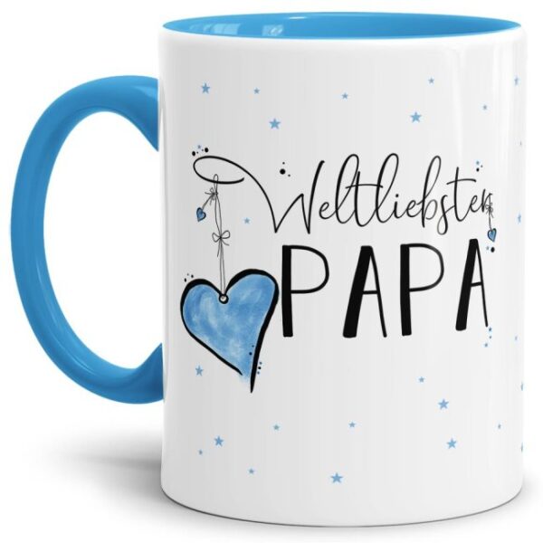 Diese Tasse aus hochwertiger Keramik mit Spruch - Weltliebster Papa - Innen & Henkel Hellblau - ist ein tolles Geschenk zum Geburtstag