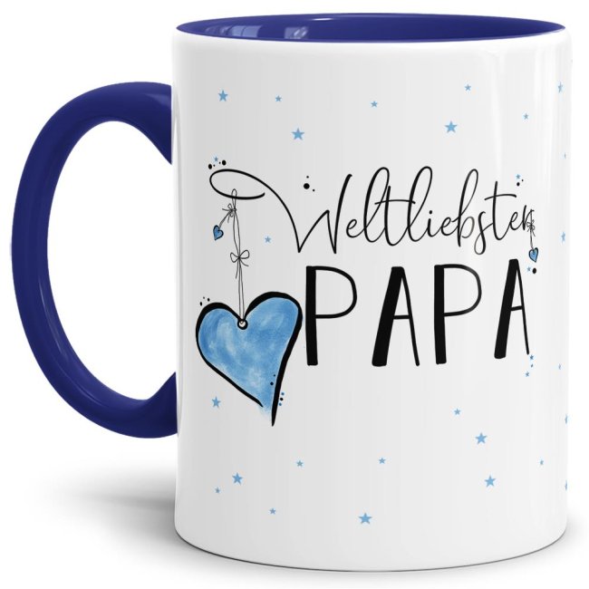 Diese Tasse aus hochwertiger Keramik mit Spruch - Weltliebster Papa - Innen & Henkel Dunkelblau - ist ein tolles Geschenk zum Geburtstag