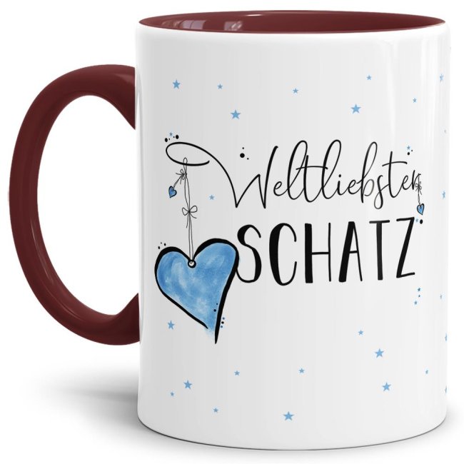 Diese Tasse aus hochwertiger Keramik mit Spruch - Weltliebster Schatz - Innen & Henkel Weinrot - ist ein tolles Geschenk zum Geburtstag und eine...