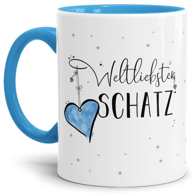 Diese Tasse aus hochwertiger Keramik mit Spruch - Weltliebster Schatz - Innen & Henkel Hellblau - ist ein tolles Geschenk zum Geburtstag und eine...