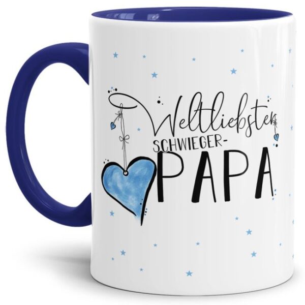 Diese Tasse aus hochwertiger Keramik mit Spruch - Weltliebster Schwiegerpapa - Innen & Henkel Dunkelblau - ist ein tolles Geschenk zum Geburtstag...