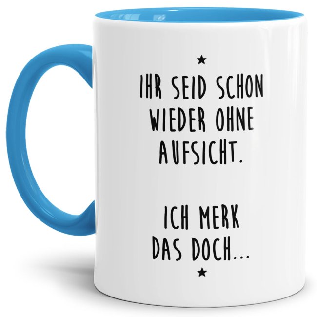 Unsere Keramik-Tasse in hellblau mit lustigem Spruch - Ich merk das doch... - passt in jede Lebenslage und zu jeder Situation. Ob als Bürotasse mit...