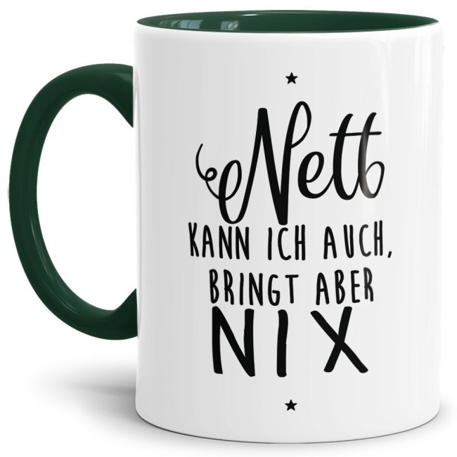 Unsere Keramik-Tasse in dunkelgrün mit lustigem Spruch - Nett kann ich auch - passt in jede Lebenslage und zu jeder Situation. Ob als Bürotasse mit...