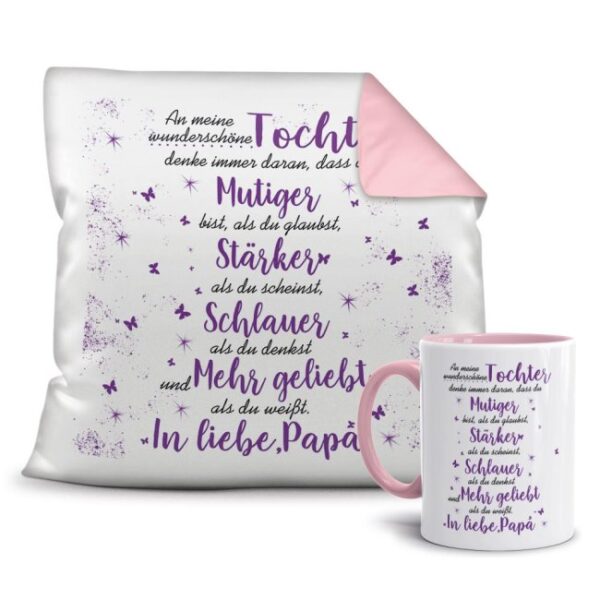 Dieses süße Geschenk-Set besteht aus einer Tasse und einem passenden Kissen mit Spruch - Von Vater für Tochter - Kissen und Tasse Rosa. Das Set ist...