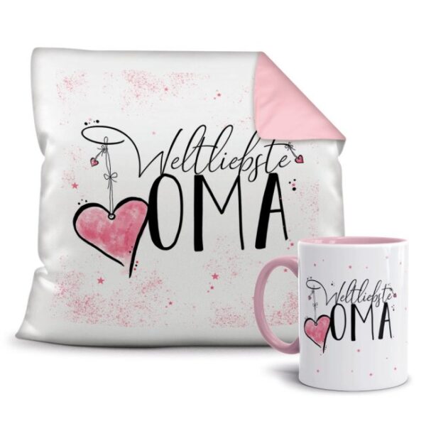 Dieses süße Geschenk-Set besteht aus einer Tasse und einem passenden Kissen mit Spruch - Weltliebste Oma - Kissen und Tasse Rosa. Das Set ist ein...