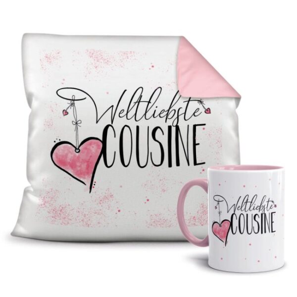 Dieses süße Geschenk-Set besteht aus einer Tasse und einem passenden Kissen mit Spruch - Weltliebste Cousine - Kissen und Tasse Rosa. Das Set ist...