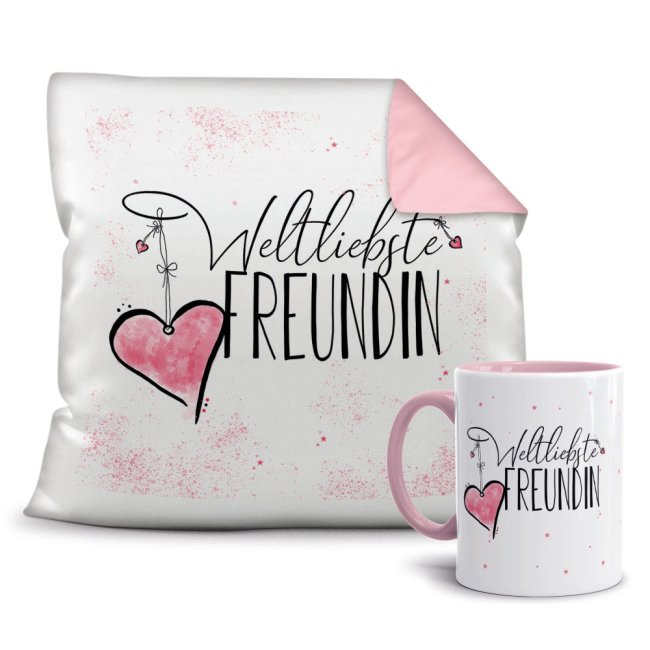 Dieses süße Geschenk-Set besteht aus einer Tasse und einem passenden Kissen mit Spruch - Weltliebste Freundin - Kissen und Tasse Rosa. Das Set ist...