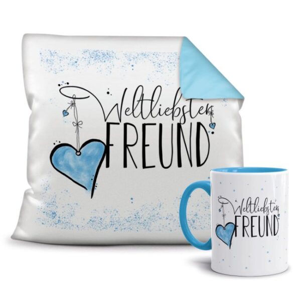 Dieses süße Geschenk-Set besteht aus einer Tasse und einem passenden Kissen mit Spruch - Weltliebster Freund - Kissen und Tasse Hellbau. Das Set...