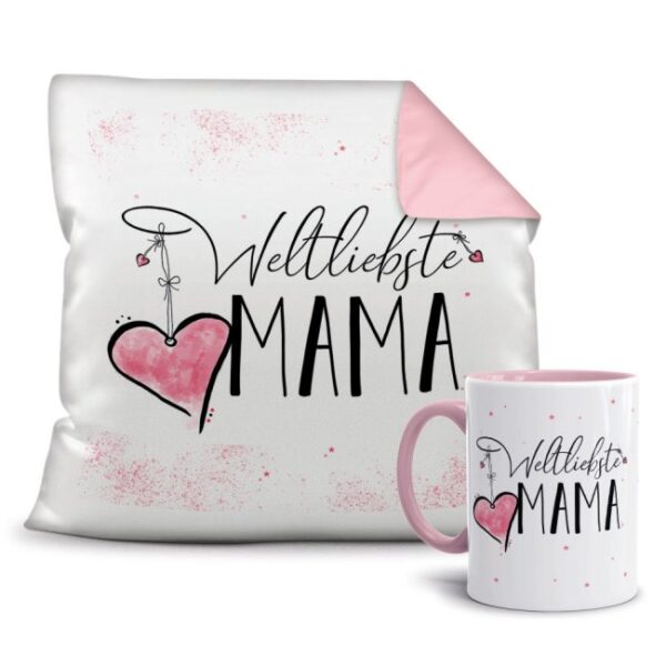 Dieses süße Geschenk-Set besteht aus einer Tasse und einem passenden Kissen mit Spruch - Weltliebste Mama - Kissen und Tasse Rosa. Das Set ist ein...