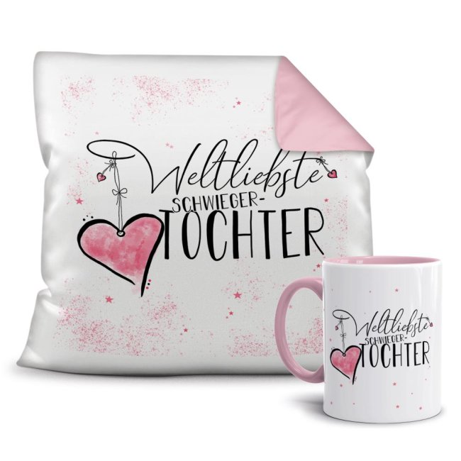 Dieses süße Geschenk-Set besteht aus einer Tasse und einem passenden Kissen mit Spruch - Weltliebste Schwiegertochter - Kissen und Tasse Rosa. Das...