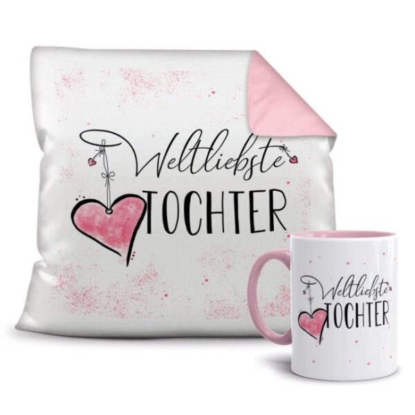 Dieses süße Geschenk-Set besteht aus einer Tasse und einem passenden Kissen mit Spruch - Weltliebste Tochter - Kissen und Tasse Rosa. Das Set ist...