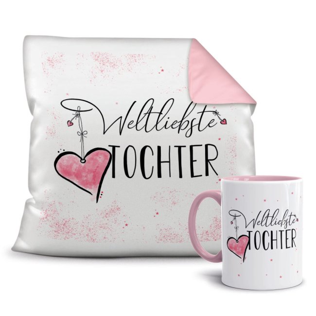 Dieses süße Geschenk-Set besteht aus einer Tasse und einem passenden Kissen mit Spruch - Weltliebste Tochter - Kissen und Tasse Rosa. Das Set ist...