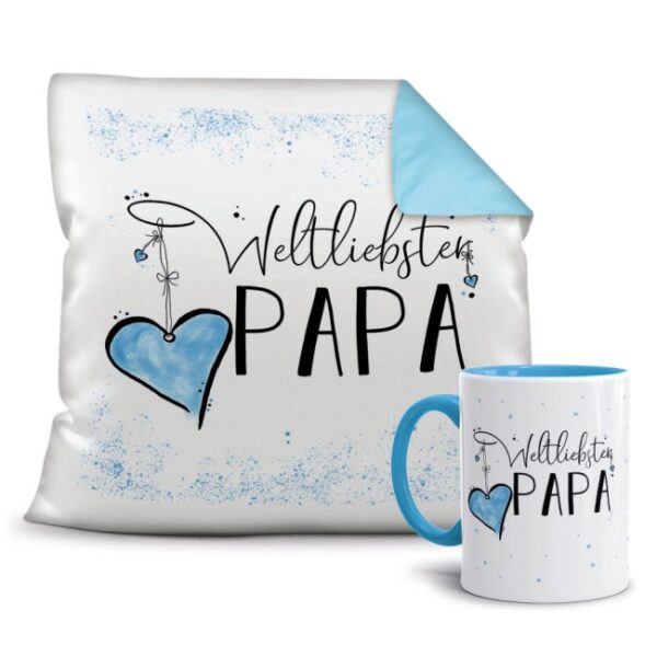 Dieses süße Geschenk-Set besteht aus einer Tasse und einem passenden Kissen mit Spruch - Weltliebster Papa - Kissen und Tasse Hellbau. Das Set ist...