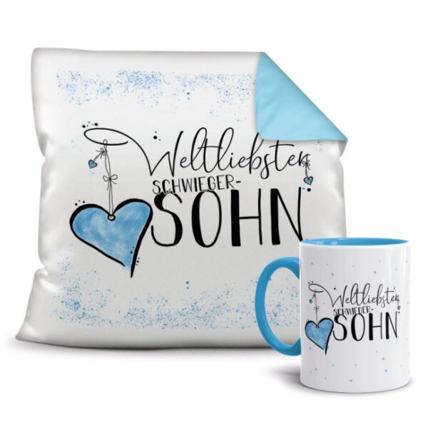 Dieses süße Geschenk-Set besteht aus einer Tasse und einem passenden Kissen mit Spruch - Weltliebster Schwiegersohn - Kissen und Tasse Hellbau. Das...