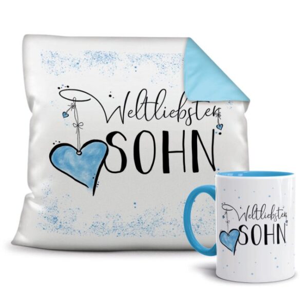 Dieses süße Geschenk-Set besteht aus einer Tasse und einem passenden Kissen mit Spruch - Weltliebster Sohn - Kissen und Tasse Hellbau. Das Set ist...