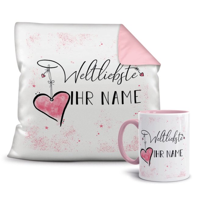 Dieses süße Geschenk-Set besteht aus einer Tasse und einem passenden Kissen mit Spruch - Weltliebste -NAME- Kissen und Tasse Rosa. Das Set ist ein...