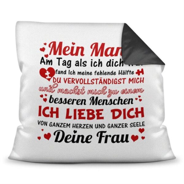 Dieses hochwertige Kissen mit liebevollem Spruch zum Thema Liebe ist ein besonderes Geschenk für den Partner zur Hochzeit