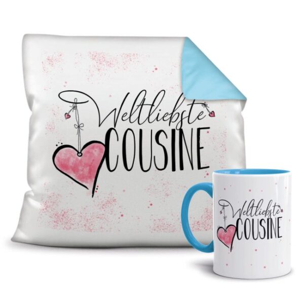 Dieses persönliche Geschenk-Set besteht aus einer Tasse und einem passenden Kissen mit Spruch - Weltliebste Cousine - Kissen und Tasse Hellblau....