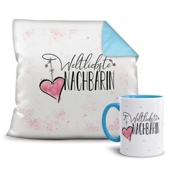 Dieses persönliche Geschenk-Set besteht aus einer Tasse und einem passenden Kissen mit Spruch - Weltliebste Nachbarin - Kissen und Tasse Hellblau....