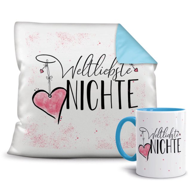 Dieses persönliche Geschenk-Set besteht aus einer Tasse und einem passenden Kissen mit Spruch - Weltliebste Nichte - Kissen und Tasse Hellblau. Das...