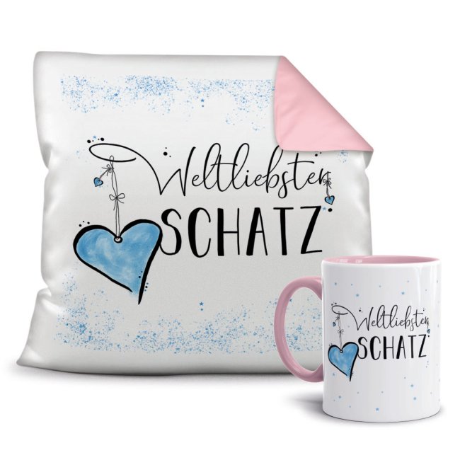 Dieses persönliche Geschenk-Set besteht aus einer Tasse und einem passenden Kissen mit Spruch - Weltliebster Schatz - Kissen und Tasse Rosa. Das...