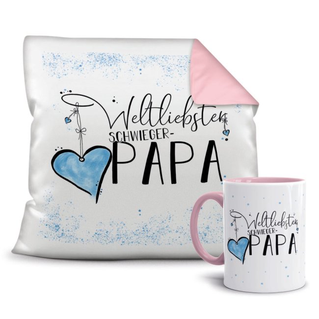 Dieses persönliche Geschenk-Set besteht aus einer Tasse und einem passenden Kissen mit Spruch - Weltliebster Schwiegerpapa - Kissen und Tasse Rosa....