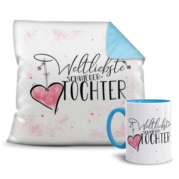 Dieses persönliche Geschenk-Set besteht aus einer Tasse und einem passenden Kissen mit Spruch - Weltliebste Schwiegertochter -Kissen und Tasse...