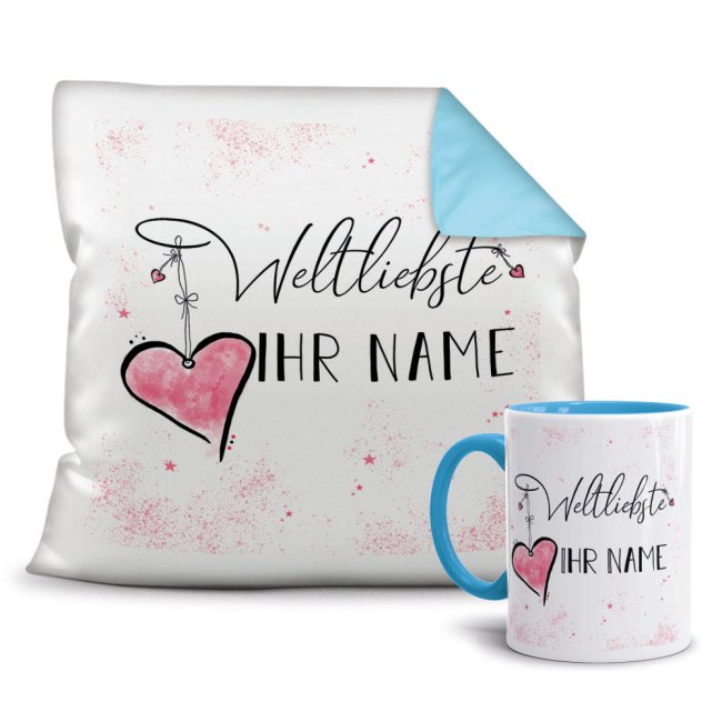 Dieses persönliche Geschenk-Set besteht aus einer Tasse und einem passenden Kissen mit Spruch - Weltliebste -NAME- Kissen und Tasse Hellblau. Das...