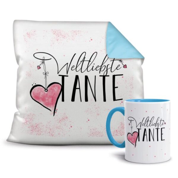 Dieses persönliche Geschenk-Set besteht aus einer Tasse und einem passenden Kissen mit Spruch - Weltliebste Tante - Kissen und Tasse Hellblau. Das...