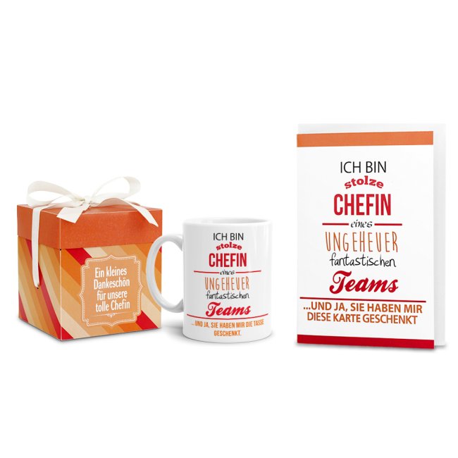 Das Rundum-Sorglos-Paket als Chefin-Geschenk. Wunderschönes Geschenk-Set bestehend aus einer liebevoll verpackten Spruch-Tasse für die ganz...