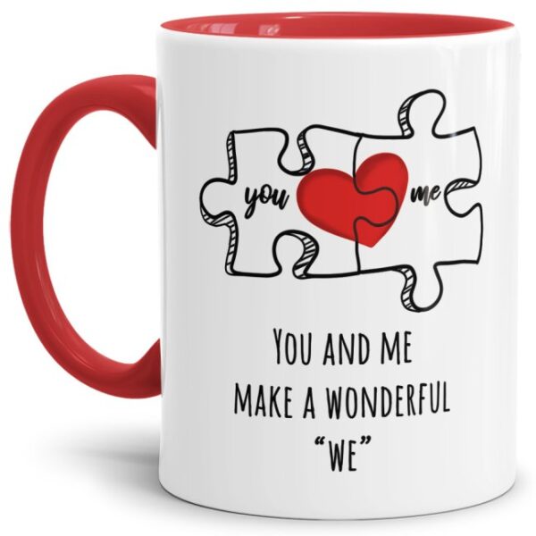 Liebevoll gestaltete Tasse in Rot mit Puzzleteil-Motiv und süßem Spruch - A wonderful we - für Verliebte