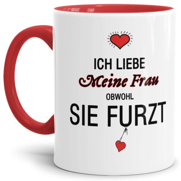 Lustiger Kaffeebecher in Rot mit witzigem Furz-Spruch" für alle Frauen