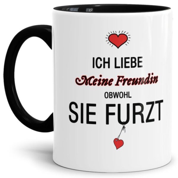 Lustiger Kaffeebecher in Schwarz mit witzigem Furz-Spruch" für alle Freundinnen